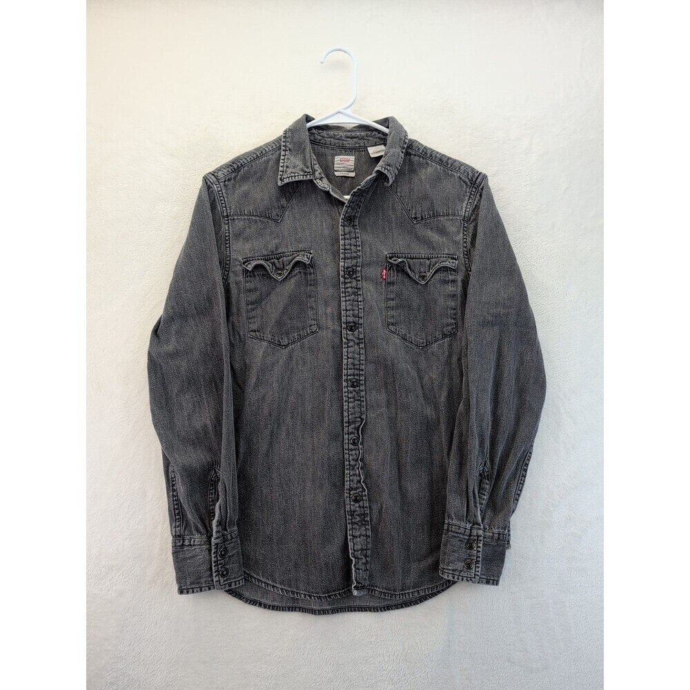 Levis Barstow Long Sleeve Faded Black Denim Pearl Snap Western Cowboy Work Sz Sm
